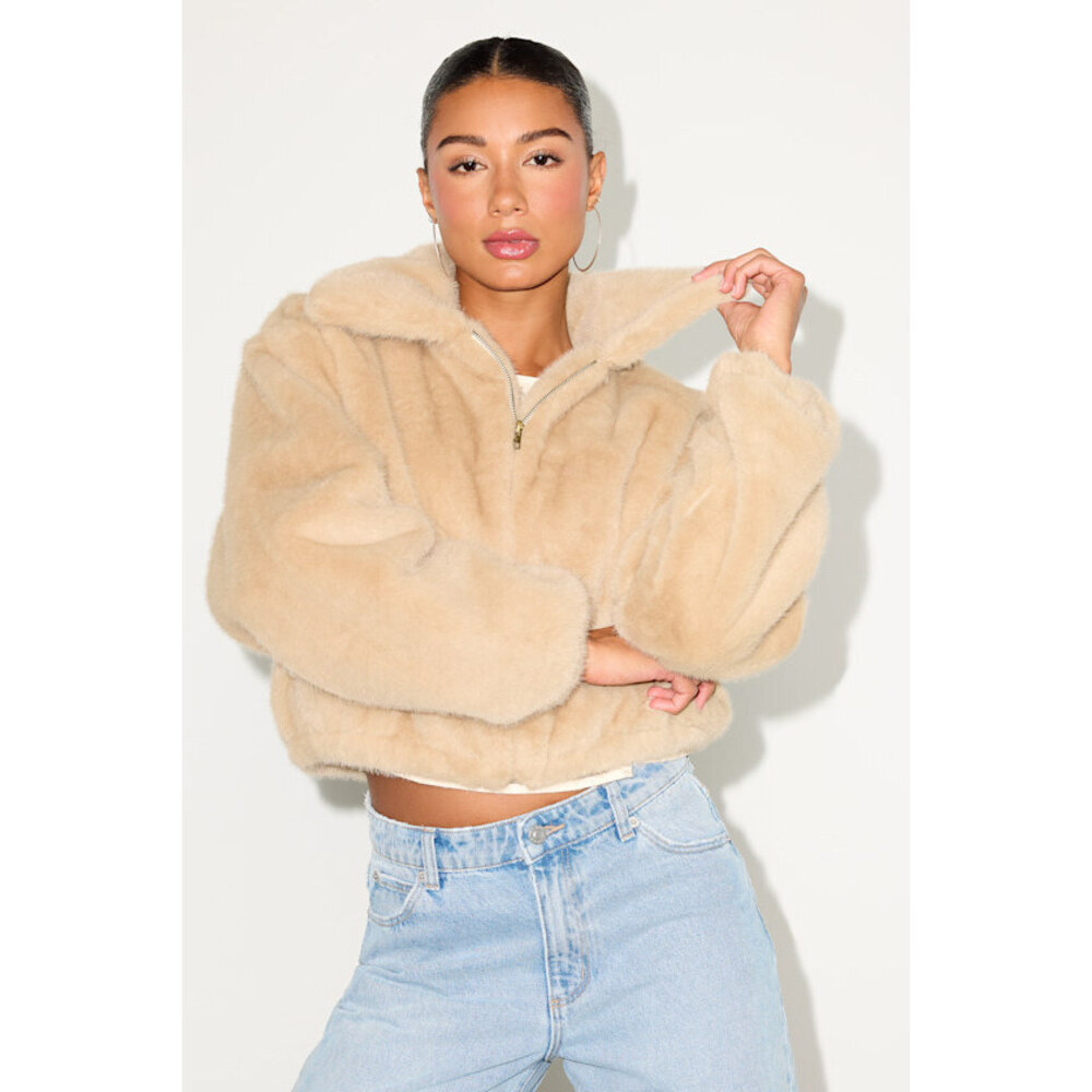 Lulus Eliah Beige Faux Fur Collared Zip-front Jacket - Size XS